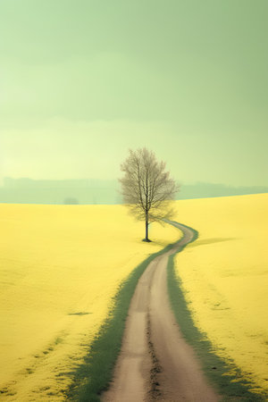 Beautiful spring landscape with lonely tree in the middle of yellow fieldの素材