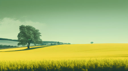 Beautiful spring landscape with lonely tree and yellow colza field.の素材