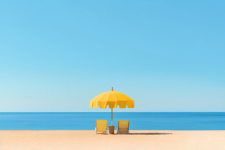 Yellow beach umbrella and two sunbeds on the beach. 3d renderingの素材