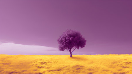 Tree on a meadow with purple sky and clouds in the backgroundの素材