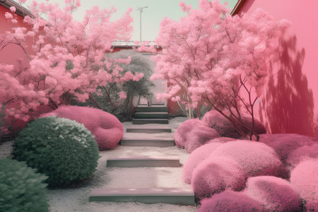 3D rendering of a beautiful landscaping with a lot of pink flowersの素材