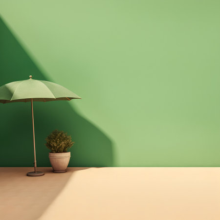 Empty room with green wall and a green umbrella. 3d renderingの素材