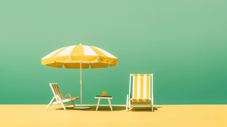 Beach chair and umbrella on yellow sand. Minimal summer concept. 3D Renderの素材