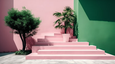 pink stairs with palm tree and green wall, 3d renderの素材