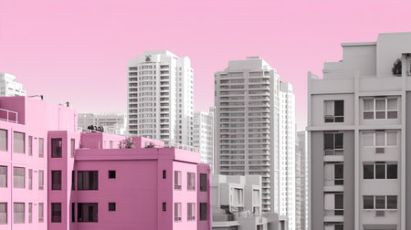 Modern apartment buildings on a pink background. 3d render illustration.の素材