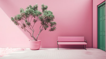 Pink living room with a bench and a tree in a pot. 3d renderingの素材