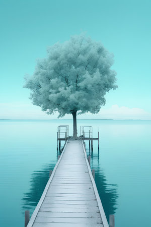 Wooden pier and tree in the lake, 3d render.の素材