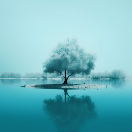 Winter landscape with tree and reflection in the water, 3d renderの素材