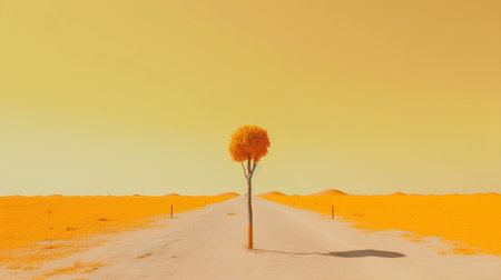 A lonely tree in the middle of a desert road at sunset.の素材