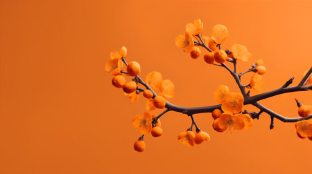 Branch with orange flowers on an orange background. Copy space.の素材