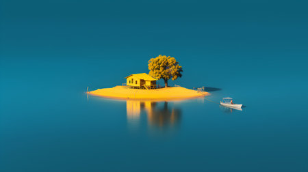 3d render of a small island with a tree and a boat.の素材