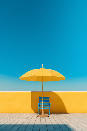 3d rendering of a deck chair and a beach umbrella on a sunny dayの素材