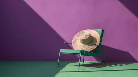 green chair with straw hat on a purple wall. 3d renderingの素材