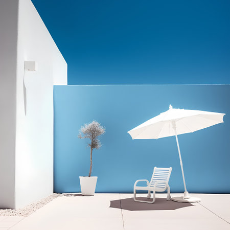 3d rendering of a beach chair and a parasol in a blue roomの素材