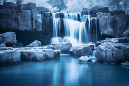 Waterfall in the forest. Toned in blue tones. Selective focus.の素材