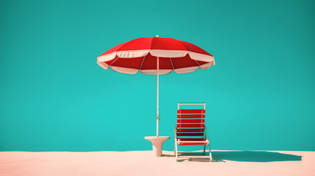 Beach chair and umbrella on turquoise background. 3d renderingの素材