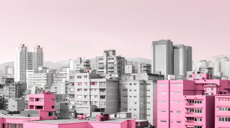 Cityscape of Hong Kong with pink buildings and skyscrapers.の素材