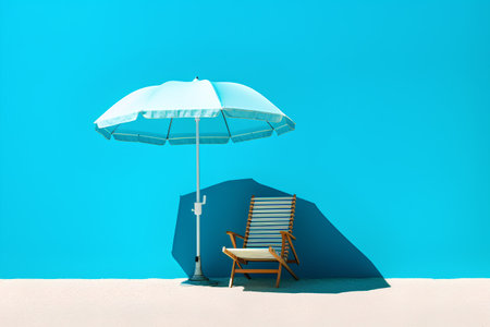 Beach chair with umbrella and sand on blue background. 3d renderの素材
