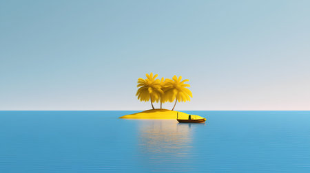 Tropical island with palm trees and a boat. 3d renderの素材