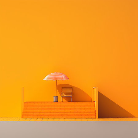Orange wall with a bench and umbrella. 3d rendering mock upの素材