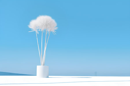 3d render of white dandelion in vase on blue backgroundの素材