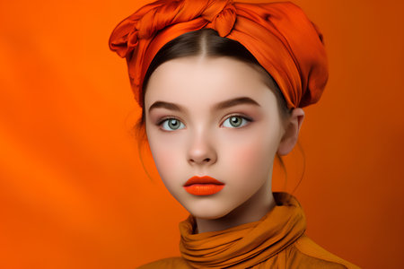 Portrait of beautiful young woman in orange headscarf on orange background.の素材