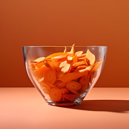 Potato chips in a glass bowl on orange background. Copy space.の素材