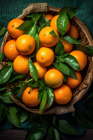 Ripe tangerines with leaves in a basket on a wooden background. Tangerine.の素材