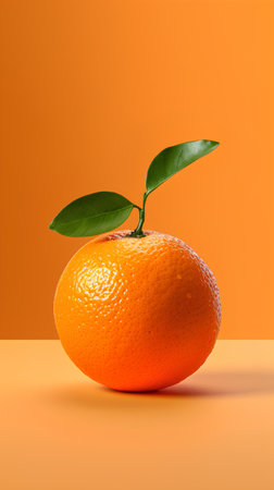 Tangerine with leaf on orange background. 3d illustration.の素材