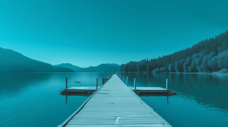 Wooden jetty on the lake in the mountains. Blue tonedの素材