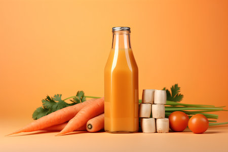 Bottle of fresh carrot juice with fresh vegetables on orange background.の素材