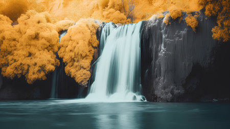 Waterfall in autumn forest. 3d illustration. Toned.の素材