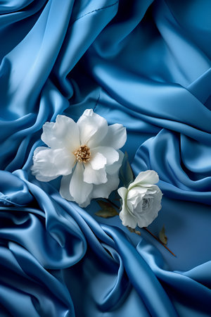Beautiful white and blue flowers on a blue satin background.の素材