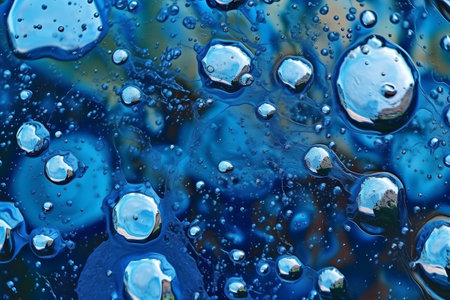 Water drops on a blue surface. Abstract background and texture for design.の素材
