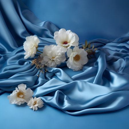 Beautiful white peony flowers on blue satin background. Flat lay, top view.の素材