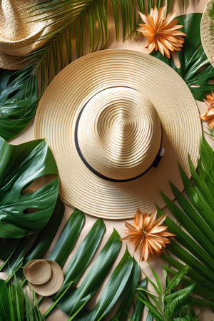 Summer background with palm leaves, hat and flowers. Top view.の素材