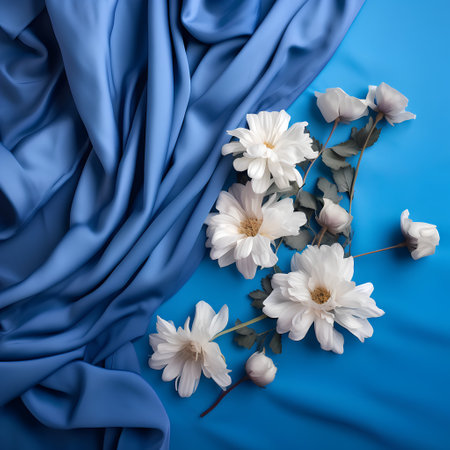 Flowers composition. Magnolia flowers on blue satin background. Flat lay, top view, copy spaceの素材