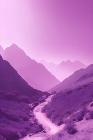 beautiful purple landscape with path in the mountains, 3d renderの素材