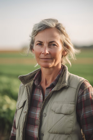 Portrait of mature woman standing in field, looking at camera.の素材