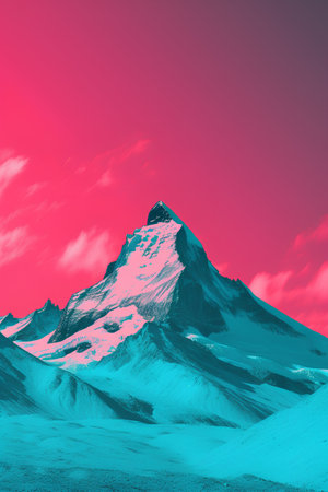 Snowy mountain peak at sunset. 3D render of high mountain peakの素材