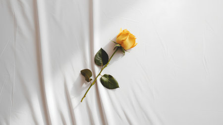 Flower composition. Yellow rose on white fabric background. Flat lay, top view, copy spaceの素材