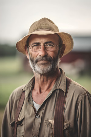Portrait of a senior farmer with hat and glasses in the countrysideの素材