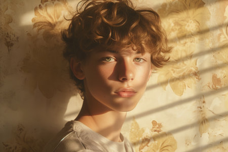 Portrait of a beautiful young woman with curly hair in sunlight.の素材