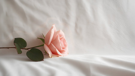 Pink rose on a white bed. Valentine's day concept. Copy space.の素材