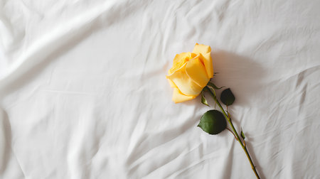 Yellow rose on a white bed. Flat lay, top view.の素材
