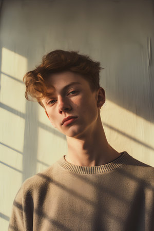 portrait of a young red-haired guy in a beige sweaterの素材