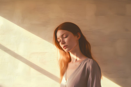 Portrait of a beautiful young woman with long red hair in a white shirtの素材