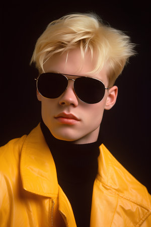 Portrait of a handsome young man in a yellow jacket. Men's beauty, fashion.の素材