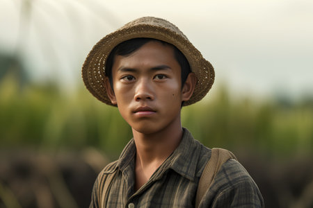 Portrait of a young asian farmer in the rice field.の素材