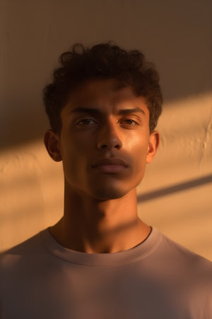 Portrait of young african american man looking at camera in sunlightの素材